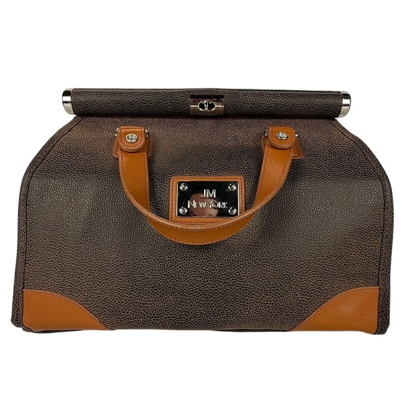 JM New York Doctor Bag Satchel Top Handle Brown Leather Trim - Picture 1 of 6